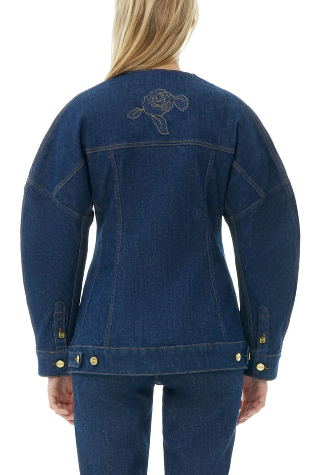 Rinse Stitch Denim Shaped Sleeve Blazer in Blue